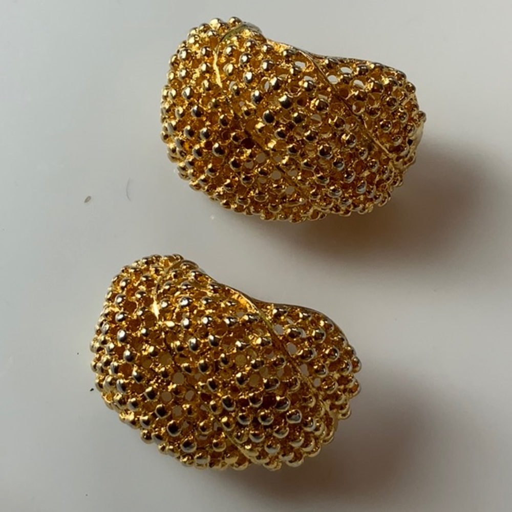 Gold tone clip basket weave earrings